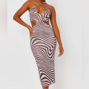 Carli Bybel x Missguided Swirly Brown Midi Dress - size 6